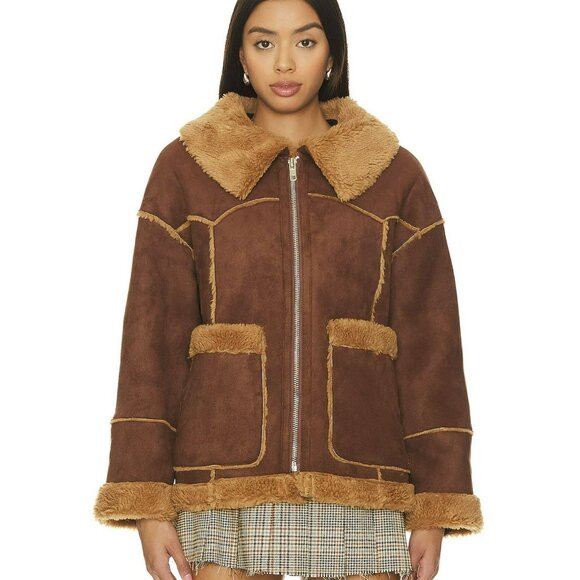 Revolve Line & Dot OVERSIZED Jackson Faux Suede Shearling Coat Brown XS NWT - Picture 4 of 9
